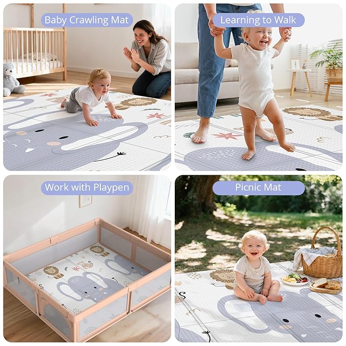 Foldable Foam Baby Play Mat for Floor, Babies Activity Tummy Time Playmat, Kids Non Toxic Foam Thick Play Mat for Baby, Toddlers, Waterproof & Anti-Slip Crawling Mats, Elephant,71x59