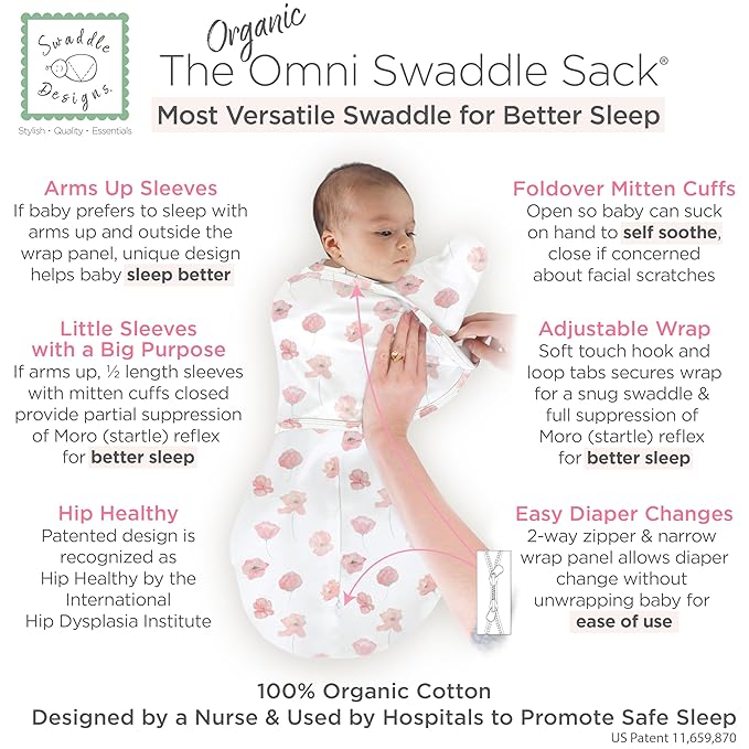 SwaddleDesigns Organic 6-Way Omni Swaddle Sack Arms Up Swaddle for Newborn, More Options to Calm Startle Reflex, Improves Sleep, Small, 0-3 Month, 6-14 lbs, Watercolor Peach Blush Popppies
