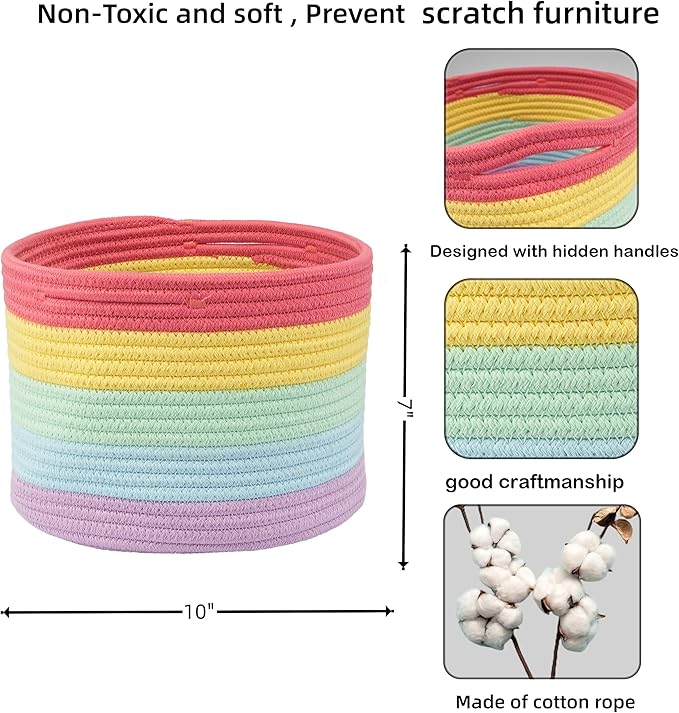 Woven Cotton Rope Storage Baskets - 3-Pack Round Bins for (10x10x7'') Shelves, Closets & Bookcases | Durable Rope Organizers for Nursery, Baby, Gifts, Easter & More (rainbow)
