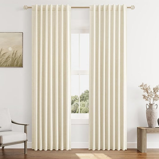 Guken 100% Blackout Curtains 84 Inch Length 2 Panels Set for Living Room Bedroom Back Tab Thermal Insulated Black Out Linen Drapes Room Darkening Window Curtains 84 Inches Long,Warm Beige