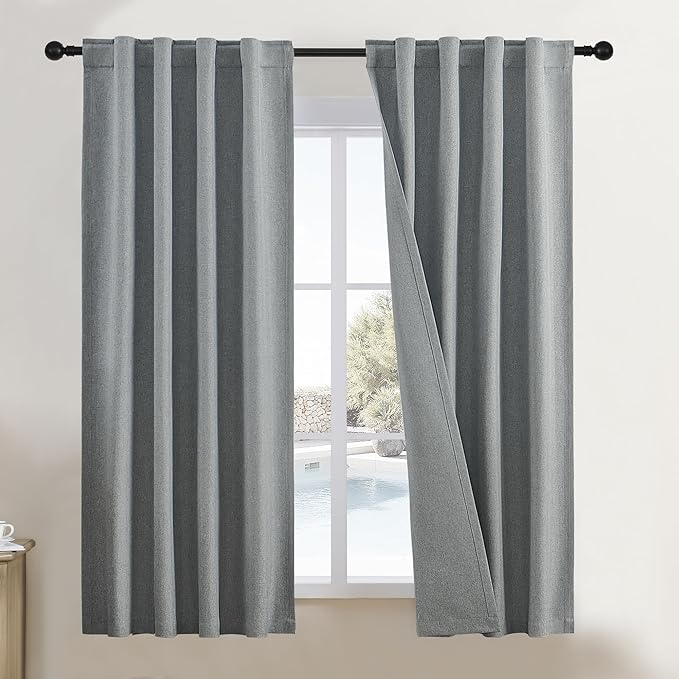 DUALIFE Dark Grey Short Blackout Curtains 54 Inch -Rod Pocket and Back Tab Room Darkening Thermal Insulated Narrow Curtain Panels for Small Window Kitchen CAF?2 Panels Set W34 x L54