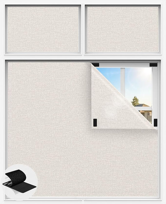 Linen Blackout Curtains for Bedroom, 100" x 58" Portable Black Out Blinds with 20 Sets Hooks & Loops Strips for 100% Blackout Window Film, Temporary Black-out Shades for Windows Cover Travel RV- Cream