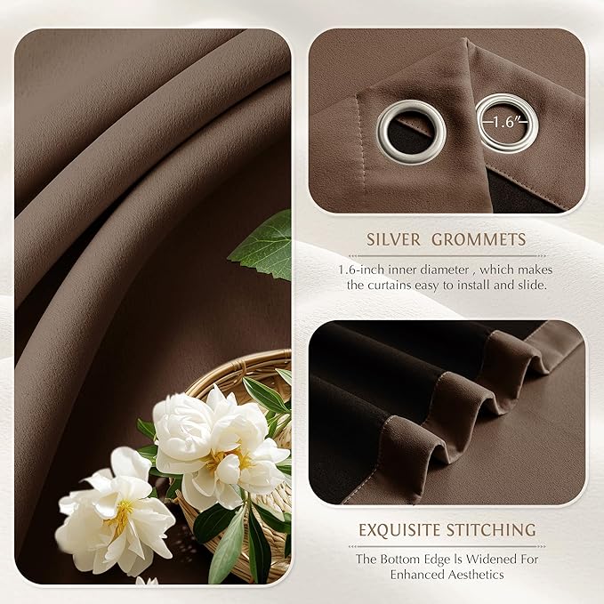 Beauoop 100% Blackout Curtains 96 Inch Long 2 Panels for Bedroom Living Room Coffee Brown Solid Room Darkening Thermal Insulated Soundproof Energy Saving Grommet Top Window Drapes,52x96, 2 Set