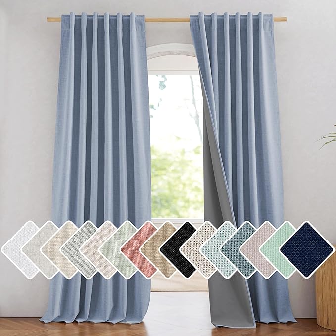 NICETOWN Full Blackout Linen Curtains 108" Length with Thermal Insulated Liners for Living Room, Farmhouse Style Keep Cool & Warm Large Window Drapes for Hall (Stone Blue, 2 Panels, 52" Wide)