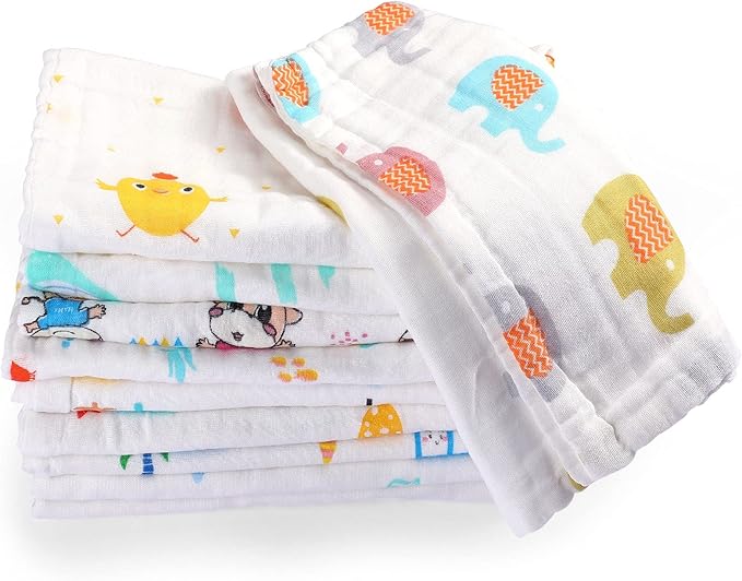 Tatuo 10 Pack Muslin Baby Burp Cloth Soft Washcloths 20'' x 10'' 6 Layer Soft Absorbent Newborn Rags Towel for Baby Shower Boys Girls Machine Washable for Sensitive Skin(Animal Pattern)
