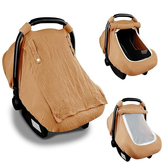 Hooyax Muslin Car Seat Covers for Babies, Summer Baby Car Seat Cover for Boys Girls with Breathable Window, Lightweight Infant Car Seat Canopy, Brown