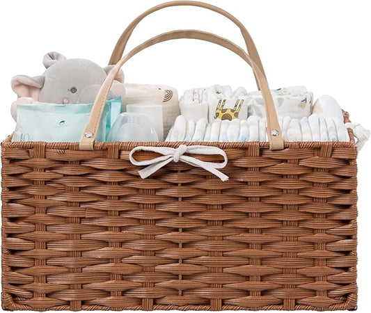 HBlife Diaper Caddy Organizer, Washable Waterproof, Portable Plastic Wicker Woven Basket with Divider, Nursery Diaper Station, Baby Shower Gifts Basket & Car Organizer