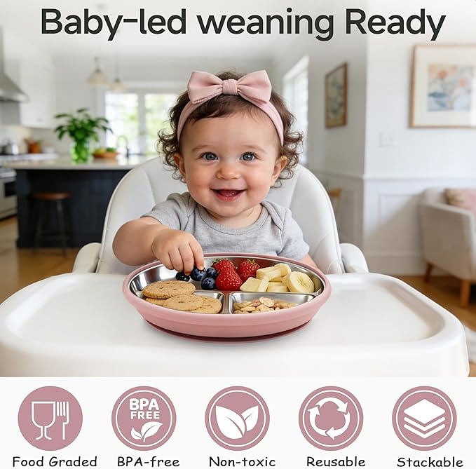 Bufims Stainless Steel Baby Plates with Suction, Divided Metal Toddler Plates with Removable Silicone Sleeves, Non-Slip Kids plates, BPA Free, Non-Toxic, Dishwasher Safe, 3 Pack