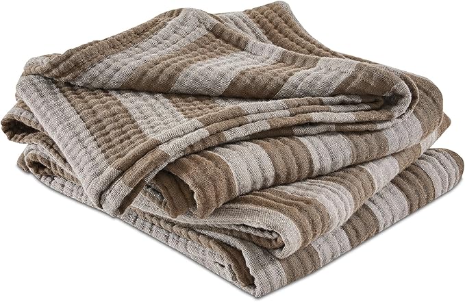 EMME Cotton Muslin Queen Blanket Bed Layering Bedspread Coverlet Breathable Gauze Soft Lightweight Adults (Striped Brown, 90"x90")