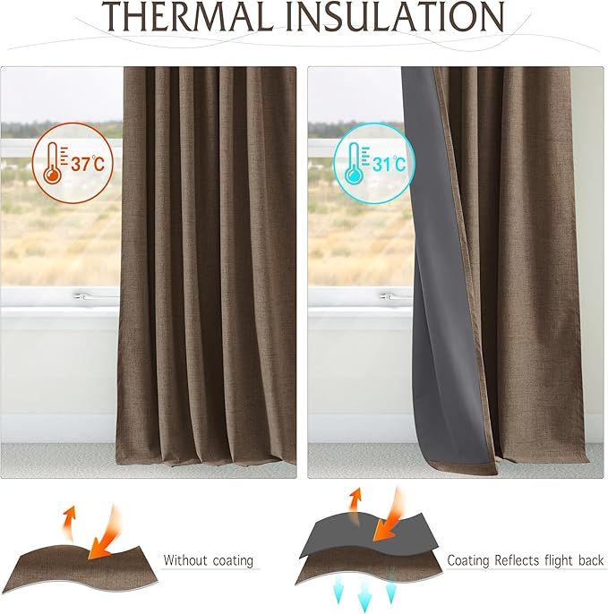 RYB HOME Coffee Linen 100% Blackout Curtains for Bedroom 52 Width 120 inch Long, Thich Luxury Extra Long Drapes for Modern/Vintage/Farmhouse Home Decor, Thermal Insulated Window Treatment, 2 Panels