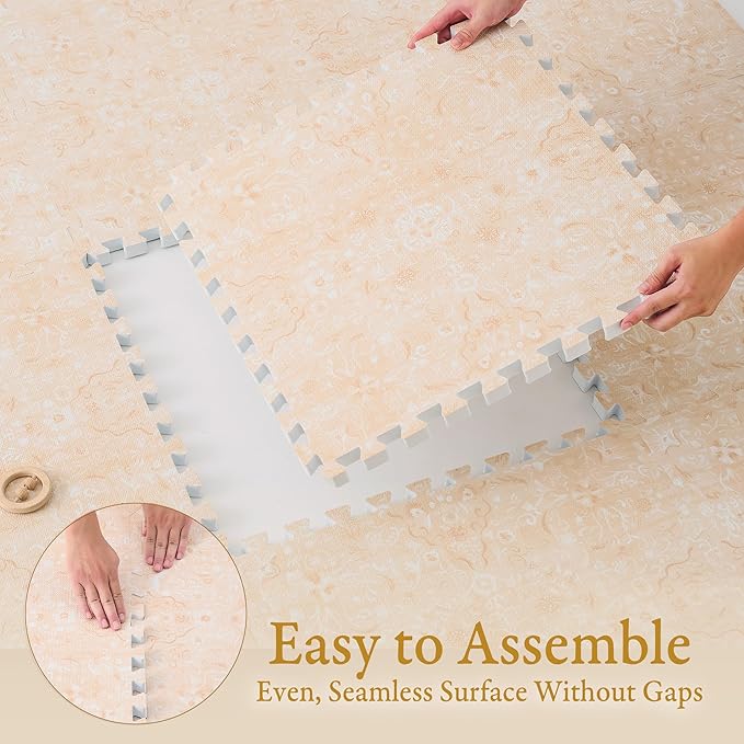 PopsyKosy Premium Baby Floor Play Mat - Thick & Cushioned 0.5 inch Playroom Foam Mat, Non-Toxic Odorless - 6 Tiles - Spacious 6x4 ft. - Stylish & Large, Waterproof for Kids & Toddlers - Light Apricot