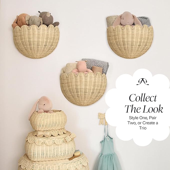 BEBE BASK Scalloped Wicker Wall Basket - The Original - Hand Woven Basket - Scalloped Décor Wall Hanging Baskets -16" x 10" x 7"In - Hanging Wall Basket (Natural)