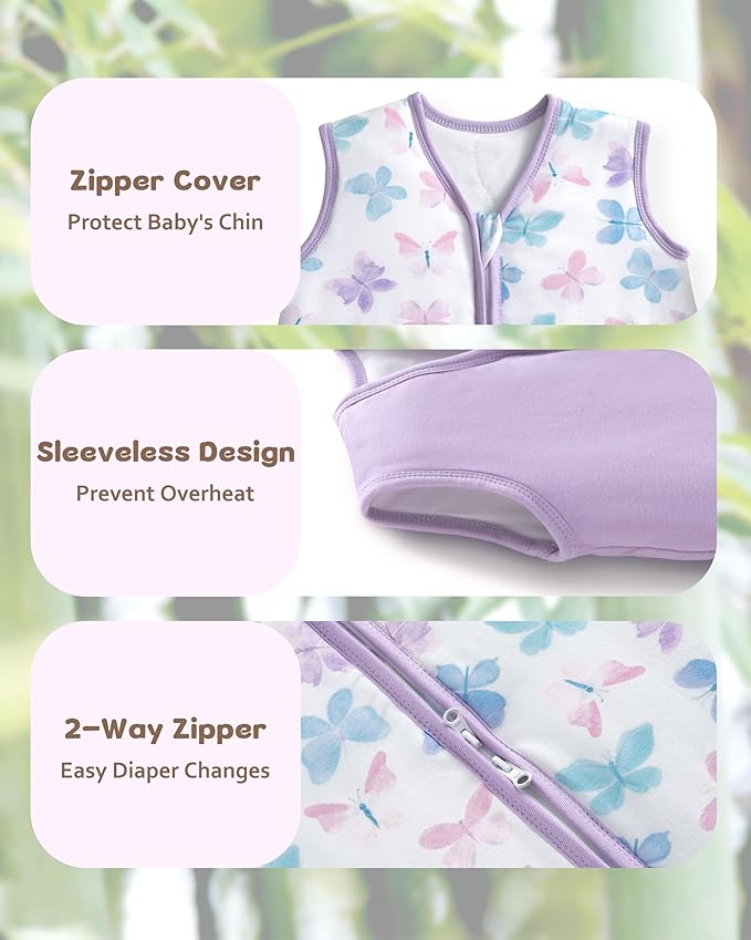 FIEMOL Rayon Made from Bamboo Baby Sleep Sack 18-24 Months, 1.0 Tog Baby Wearable Blanket, Soft Sleeping Bag for Infant Toddler Babies with 2-Way Zipper 2 Pack (X-Large) Purple Butterfly