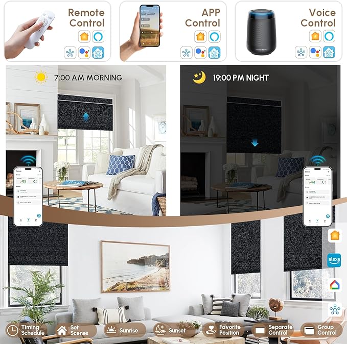 Kincmo No Drill Motorized Blinds with Remote, 100% Blackout Roller Shades for Windows, Custom Electric Blinds Compatible with Alexa, Apple Homekit, Google Home (100% Blackout Eclipse Onyx Black)