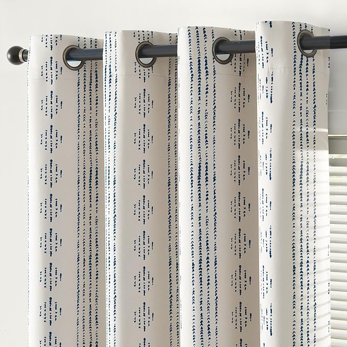 jinchan 95% Blackout Boho Curtains 54 Inch Length for Bedroom Blue on Beige Geometric Printed Grommet Top Room Darkening Thermal Insulated Window Drapes 2 Panels
