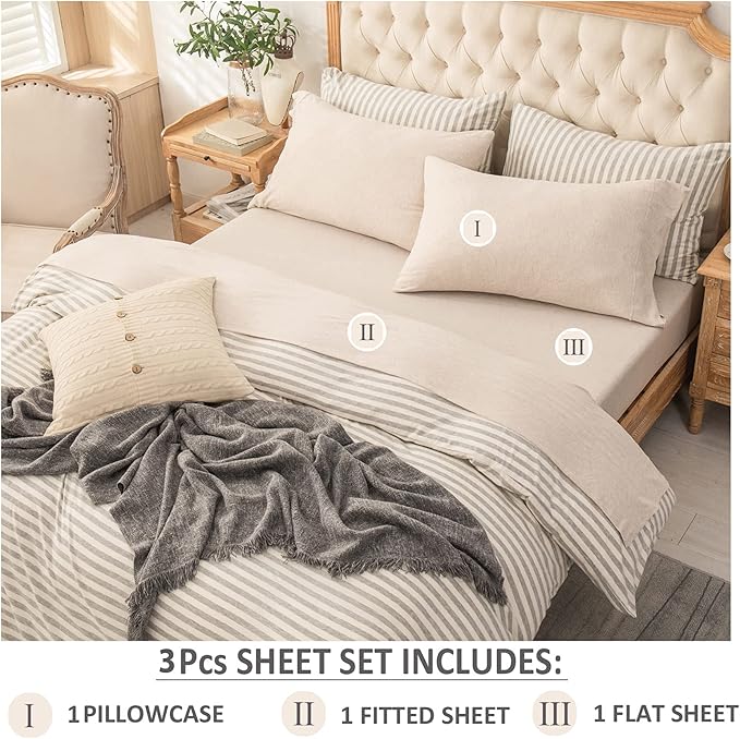 PURE ERA Jersey Knit 3pc Bed Sheet Set 100% T-Shirt Cotton Super Soft Comfy Breathable Fits Mattress Up to 20" Extra Deep Pocket (Heather Beige, Twin)