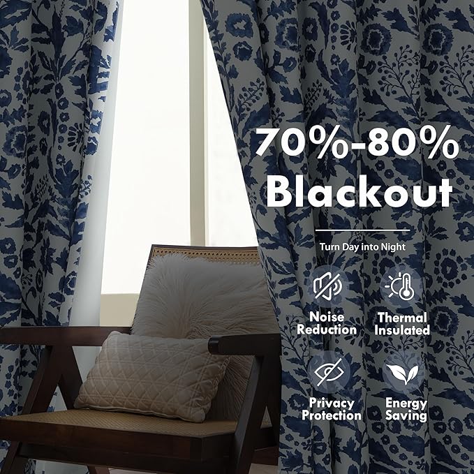 DriftAway Julia Watercolor Blackout Room Darkening Lined Thermal Insulated Energy Saving Window Curtains 2 Layers 2 Panels Each Size 52 Inch by 63 Inch Navy