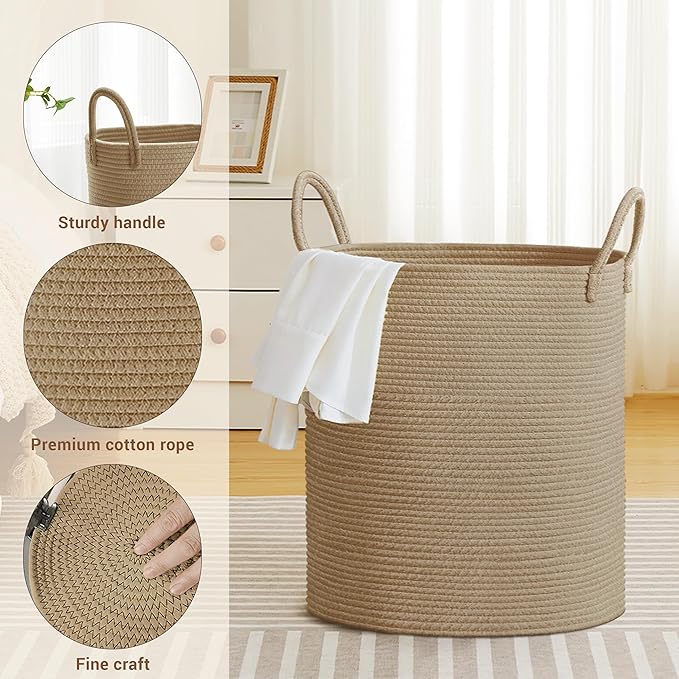 Tall Laundry Basket with Handles, 88L Portable Dirty Clothes Hamper, Boho Cotton Rope Storage Bin for Blankets Kids Toys Gifts, Large Organizer for Baby Nursery Bedroom Bathroom, Jute