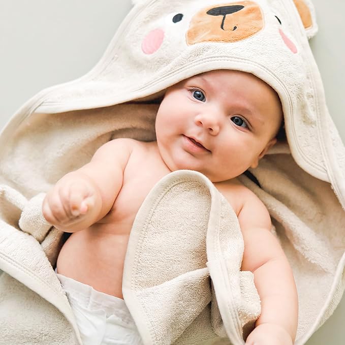 CuddleBug Premium Hooded Baby Bath Towel & Washcloth Set (Bear) - 100% Cotton Terrycloth Hooded Baby Towels for Newborn & Toddler, Super-Soft & Absorbent, Newborn Essentials (30" x 30") - Honey Beige