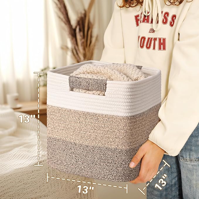 13 Inch Storage Cubes, 3 Pack Cube Storage Bins for Organizing, Cotton Rope Woven Baskets for Shelves, Bathroom, Kids Room, Closets, Baby Nursery