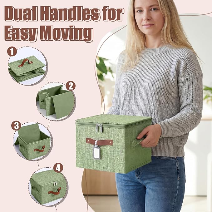 6 Pack Fabric Closet Storage Bins with Zipper Lids and Label, 10×8×7In Large Size Foldable Cotton Linen Storage Cubes Boxes with PU Leather Handles Holders for Bedroom, Shelf, Nursery, Green