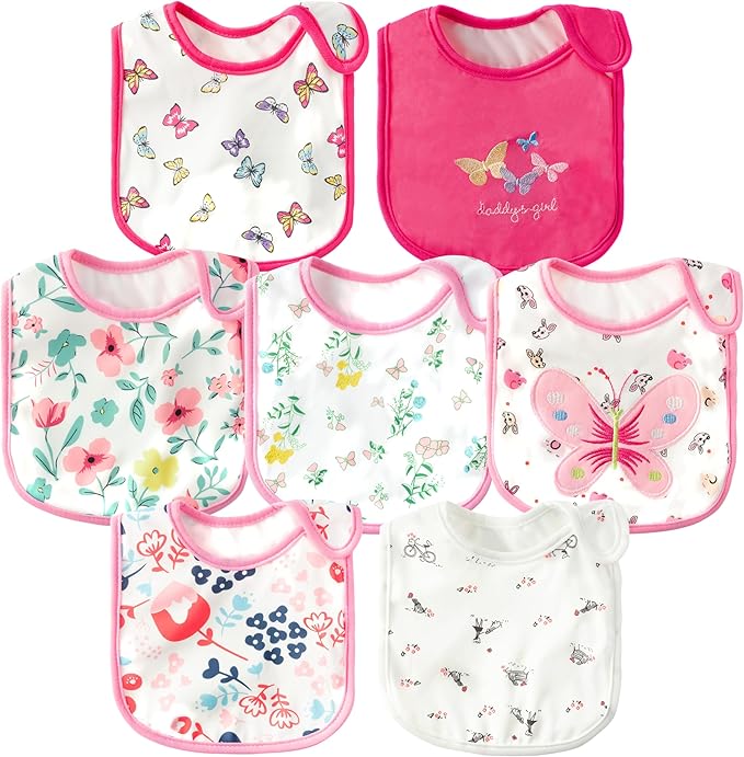 2ooya 7Pcs Cotton Waterproof Baby Bibs Hook Loop Closure Newborn Bib Keepsake Baby Gift for Drooling Feeding Eating