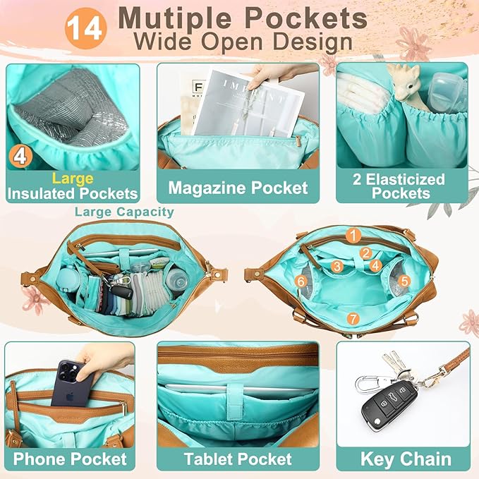 MOMINSIDE Diaper Bag Tote, Leather Diaper Bag Backpack with 14 Pockets for Mom Dad, Convertible Baby Bag for Boys Girls, Baby Registry, Changing Pad, Large 4 Insulated Pockets (Biscuit)