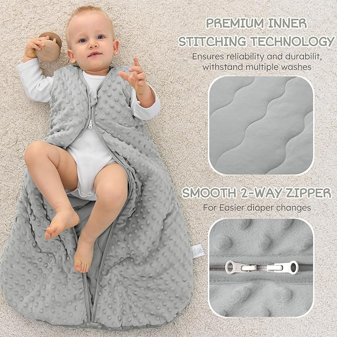FILLEEP Fleece Baby Sleep Sack 6-12 Months 2.5 Tog with Plush Dots, Winter Baby Wearable Blanket for Infant Toddler Sleeping Sack 2-Way Zipper Warm Sleepsack, Grey