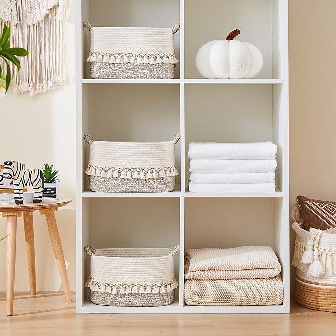 Storage Bins Woven Baskets for Storage Set of 3, Cotton Rope Basket with Handles for Toys/Shelves/Laundry, Rectangle Multi-Purpose Organizer for Living Room, Bedroom, Nursery (White/Beige)