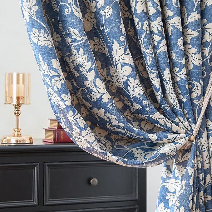 jinchan 80% Blackout Curtains for Bedroom, Blue Scroll Leaf Patterned Curtains 84 inch Length for Living Room, Farmhouse Vintage Drapes, Thermal Insulated Window Treatments, Grommet 2 Panels Blue
