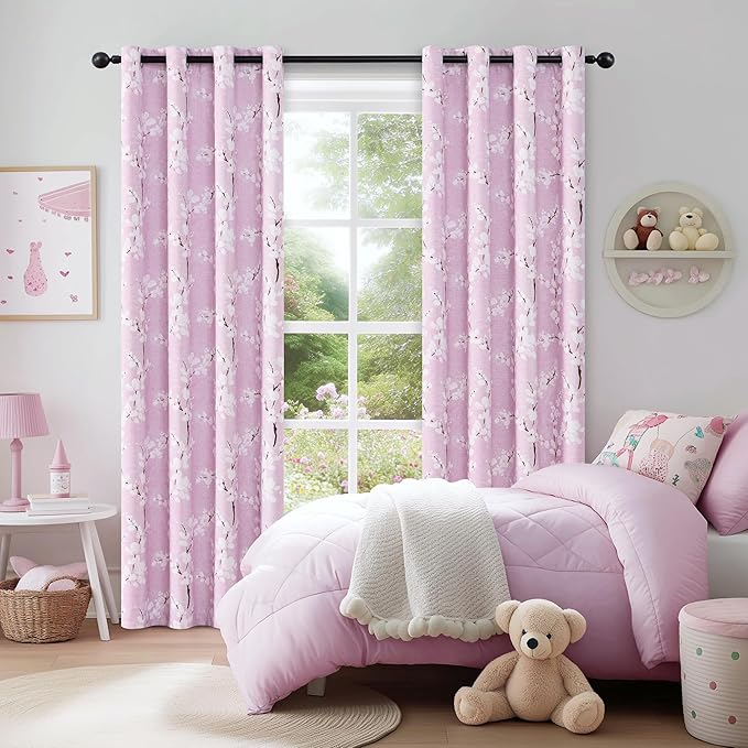 FMFUNCTEX 100% Blackout Floral Curtains for Bedroom, Pink Curtains 63 inch Length Blossom Flower Patterned for Living Room, Thermal Insulated Nursery Drapes, Grommet Top 2 Panels (White on Pink)