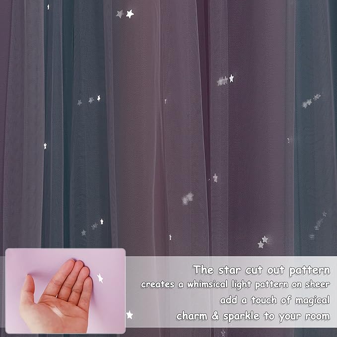 NICETOWN Blackout Curtains with White Sheer Overlay, Star Cut-Out Thermal Insulated Rainbow Curtains for Girls Bedroom, Ombre Window Curtain with Tiebacks, W70 x L63, Blue & Purple & Pink, 1 PC