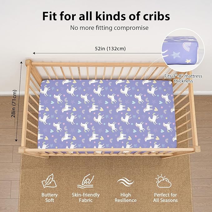 Baby Crib Sheets Girl, 3 Pack Toddler Bed Sheets for 52”x28” Standard Toddler Mattresses, Soft Microfiber Fitted Crib Sheets Pink Purple Rainbow