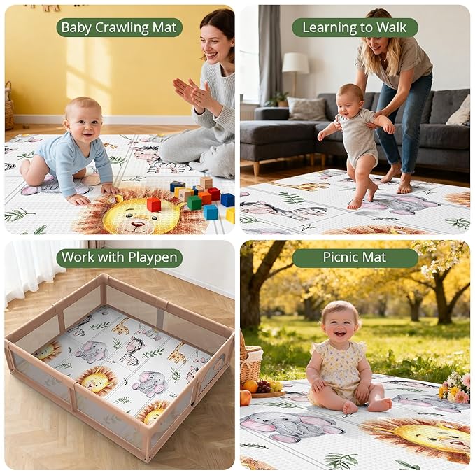 71x59 Foldable Baby Play Mat for Floor, Foam Playmat for Babies 0-12 Months, Kids Non Toxic Thick Play Mat , Waterproof & Anti-slip Crawling Toddlers Mats, Babies Activity Tummy Time Playmat, Lion,71x59