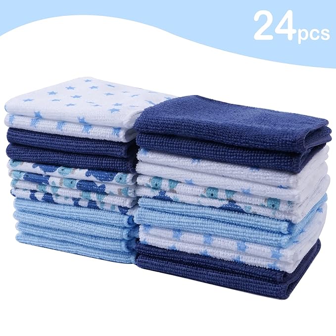 Viviland Baby Washcloths, Super Soft Baby Bath Towels for Newborn 24 Pack, Absorbent Face & Body Wash Cloth for Baby Boy, Whale Bro Pattern, 9 x 9 inch