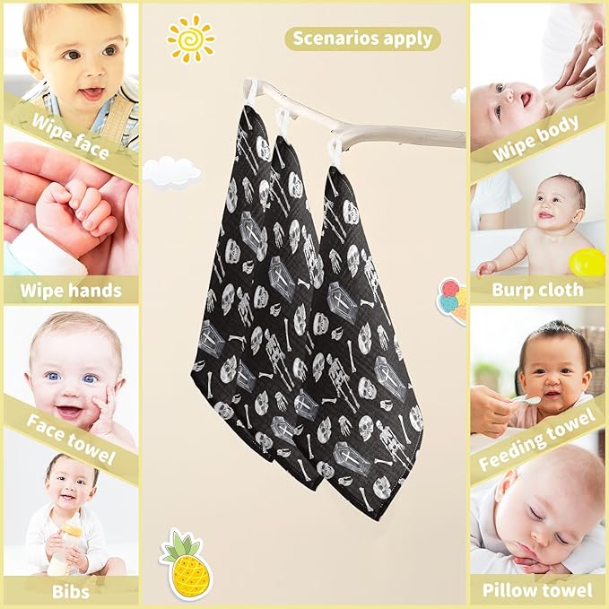 vvfelixl Baby Washcloths Cotton Creepy Skull Baby Muslin Washcloths Soft Baby Face Towel for Newborn Infants, 11.8 X 11.8 inch, one sizex5