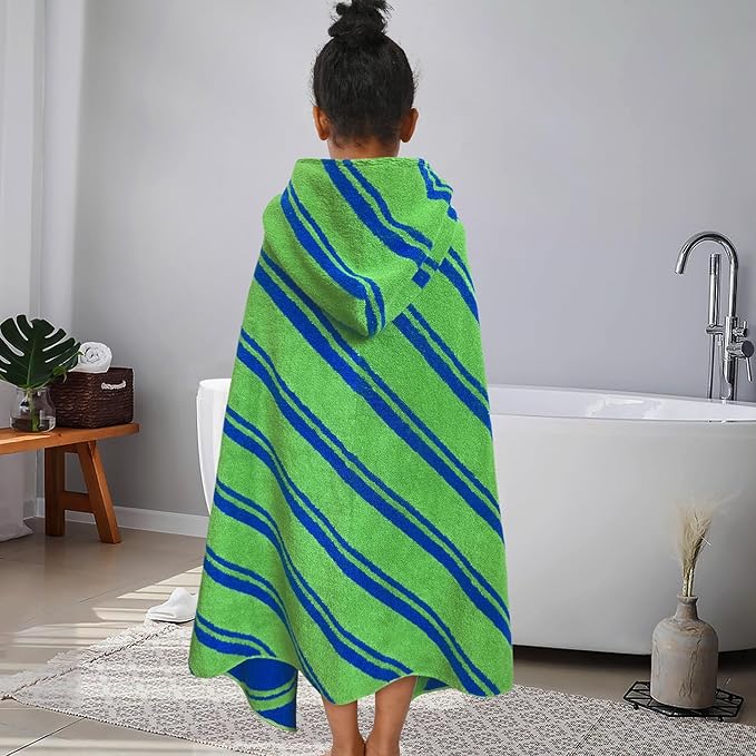 VOOVA & MOVAS Hooded Bath Towels for Kids (3-10Years,27.5"x55"),100% Cotton Absorbent Soft Towel Wrap for Toddler Boys,Perfect for Bathroom | Pool | Beach | Swimming, Jacquard Green Stripe