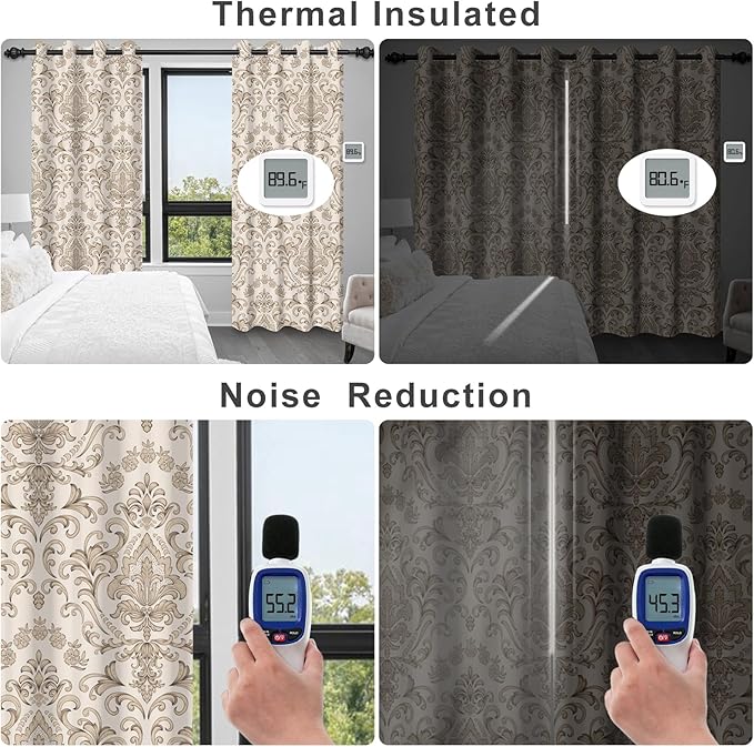 Bedroom Curtains 84 Inches Long, Blackout Curtains for Living Room Darkening, Vintage Damask Pattern Beige Curtain 2 Panels Set, Grommet Thermal Privacy Black Out Window Drapes for Bedroom Nursery