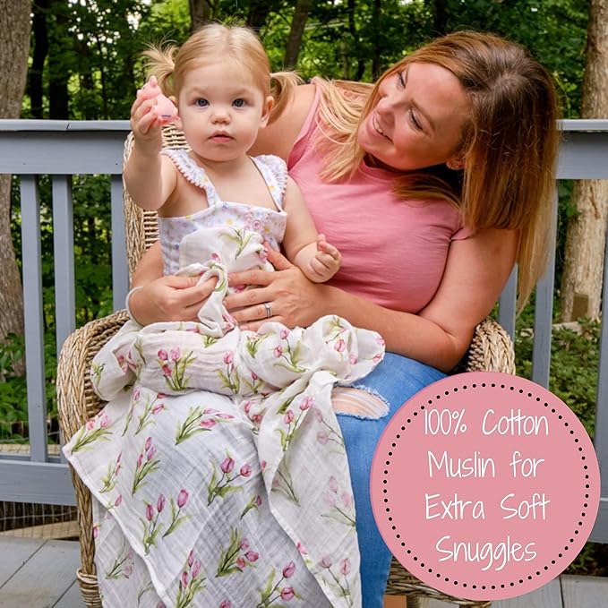 LollyBanks Muslin Swaddle Blankets 2PACK, 100% Cotton Baby Blanket 47 x 47 Inches, Large Baby Swaddle Breathable, Muslin Blankets for Girls (Hydrangea and Tulip Print)