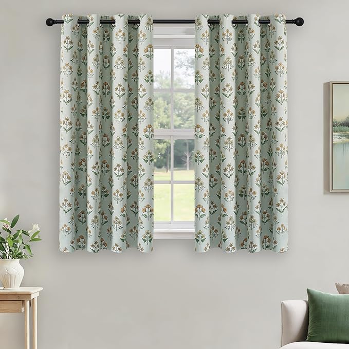 RYB HOME 100% Green Blackout Patterned Curtains for Bedroom, Farmhouse Room Darkening Soundproof Privacy Printed Window Treatment Drapes for Dining Room Living Room, W52 x L63, 2 Panels