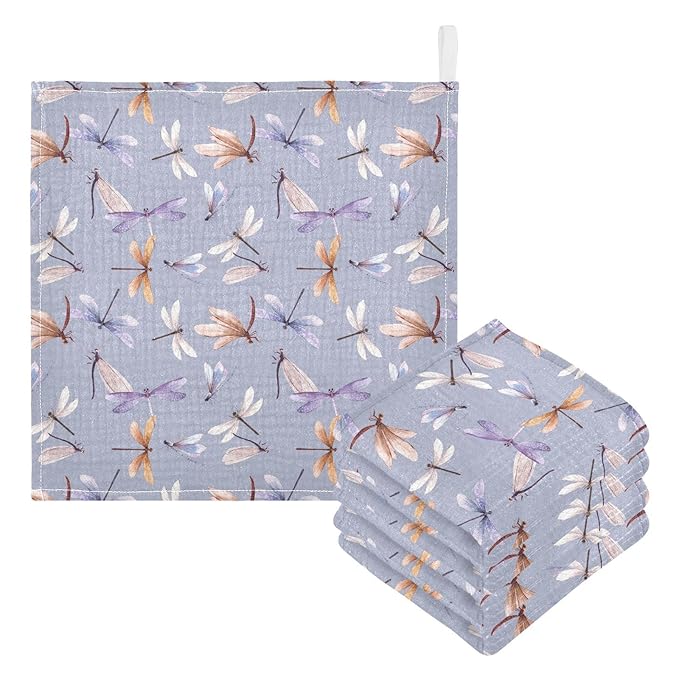 Baby Washcloths Cotton Dragonfly Baby Muslin Washcloths Soft Baby Face Towel for Newborn Infants Baby Wipes, 11.8 X 11.8 Inch, 5 Pack Lilac