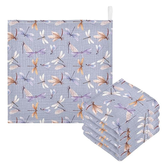 Baby Washcloths Cotton Dragonfly Baby Muslin Washcloths Soft Baby Face Towel for Newborn Infants Baby Wipes, 11.8 X 11.8 Inch, 5 Pack Lilac