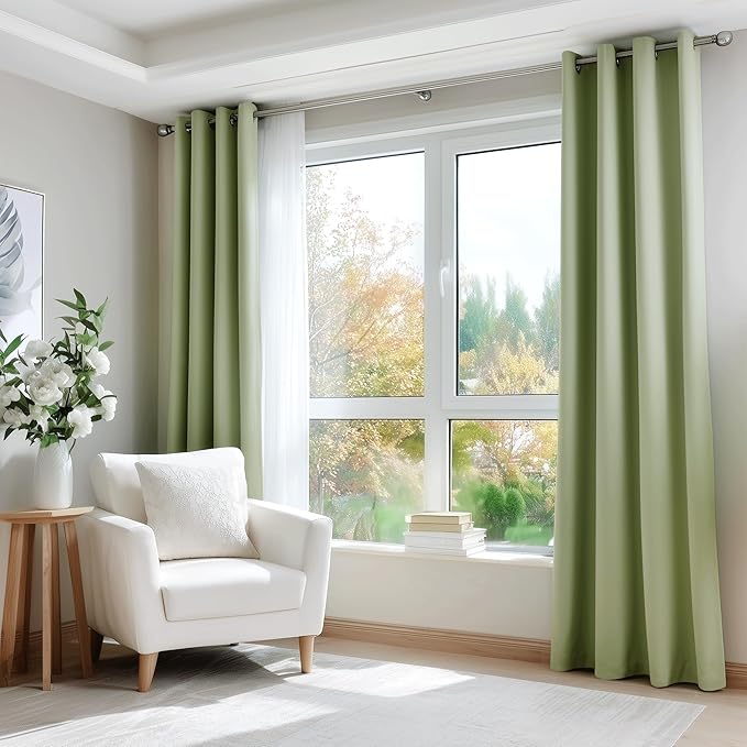 Beauoop Sage Green 100% Blackout Curtains 63 Inch Long 2 Panels for Bedroom Living Room Solid Room Darkening Thermal Insulated Soundproof Energy Saving Grommet Top Window Treatment Drapes,52x63 2 Set