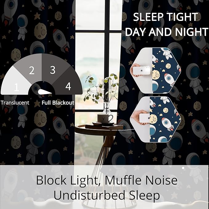Kids Space Astronaut Planets Rockets Blackout Curtains - 100% Blackout, Thermal Insulated, Noise Reducing, for Kids Room and Nursery, 2 Panels (Astro Buddy Rockets, W52×L84)