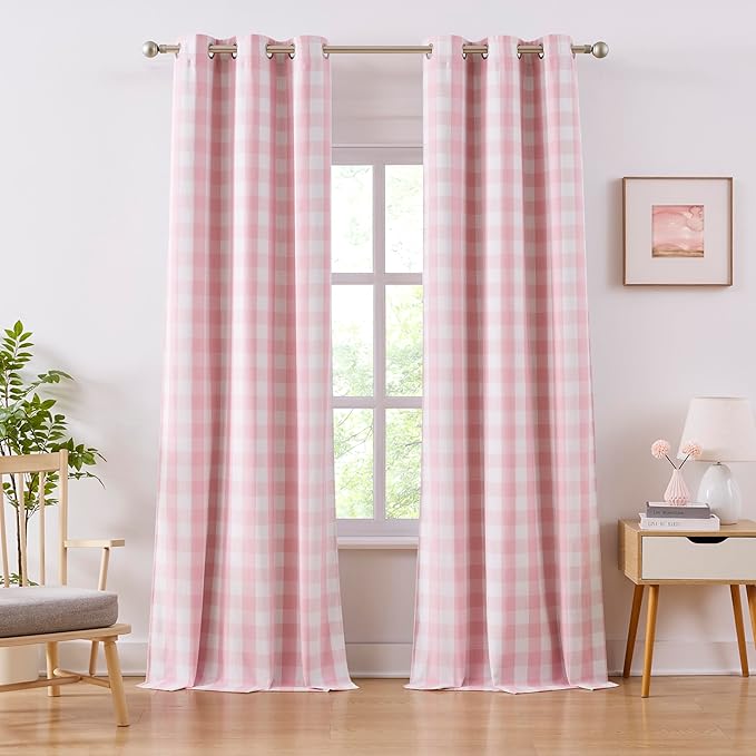 Amzdecor Buffalo Plaid Full Blackout Curtains Checkered GEO Thermal Insulated Energy Efficient Drapes Grommet 2 Layers Window Treatment for Girls Room Bedroom Living Room,2 Panels,40"x90",Pink & White