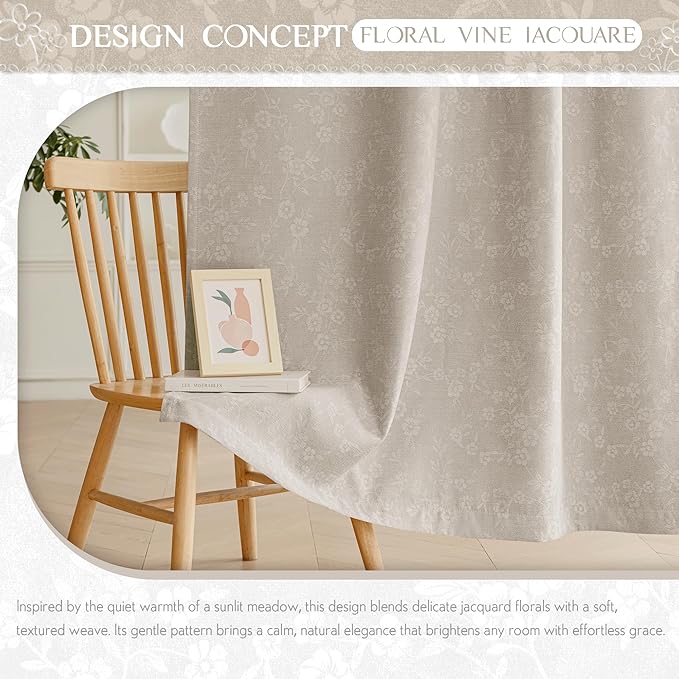 Beauoop Beige Floral Jacquard Blackout Curtains 63 Inches Long 2 Panels for Living Room Bedroom Chenille Flower Room Darkening Thermal Insulated Soundproof Grommet Window Drapes, 52x63 Set of 2