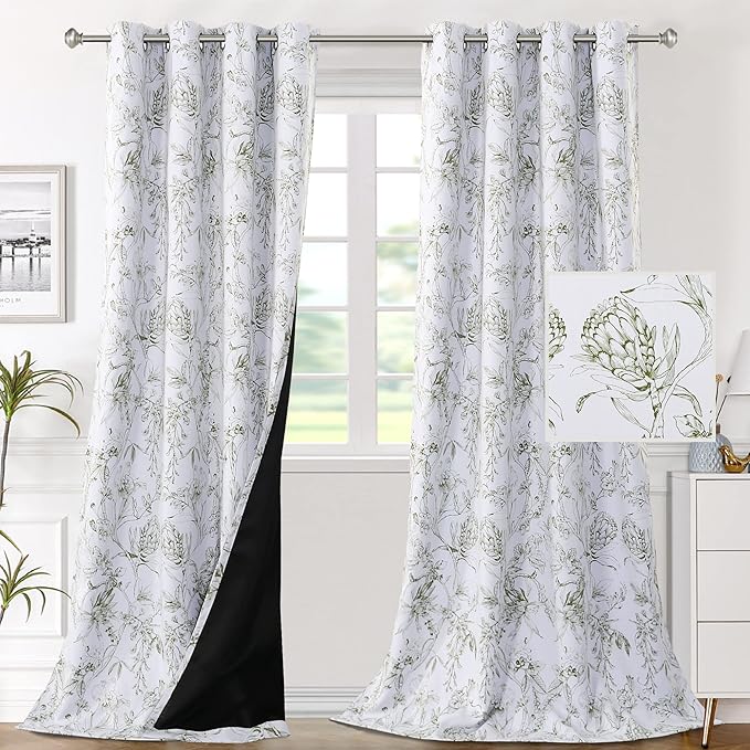 H.VERSAILTEX 100% Blackout Curtains for Living Room Camellia Floral Blackout Curtains 108 Inches Long Light Blocking Window Treatment Curtains with Black Liner Grommet Thermal Drapes, 2 Panels, Olive