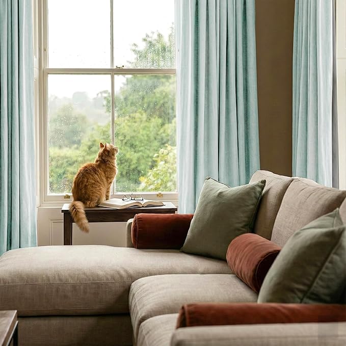 NICETOWN 100% Blackout Seafoam Green Linen Curtains 90" Length with Thermal Insulated Liners, Farmhouse Style Room Cooling Small Window Draperies for Dining Room (2 Panels, 52" W)
