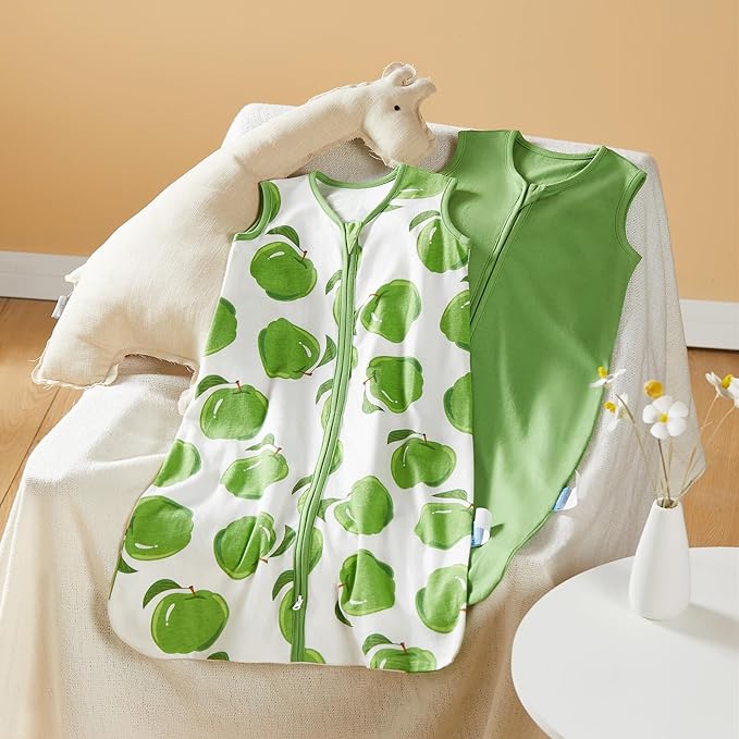 TILLYOU 2 Pack Baby Sleep Sack 6-12 Months 100% Cotton Wearable Blanket 0.5 TOG Sleeveless Summer Sleep Sacks with 2-Way Zipper, Green Apple & Fruit Green