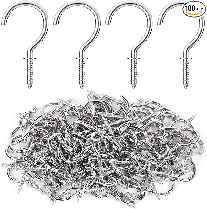 RELBRO Screw Hooks, 1 Inch Metal Screw in Cup Hooks, Silver, 100 Pcs